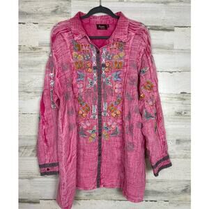 Avani del Amour womens XL pink boho embroidered tunic butterfly open front top